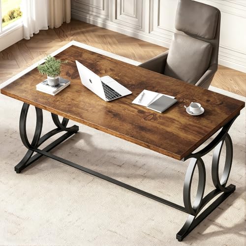 Rustic Home Office Desk, 55 Inch Metal Wood Computer Desk, Simple Industrial Study Executive Desk for Work Writing, Modern Student Gaming Computer PC Table Bedroom, Rustic Brown