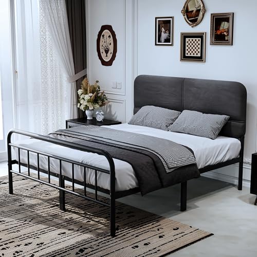 14Inch Metal Bed Frame, Full Size Bed Frame with Upholstered Headboard, view 4