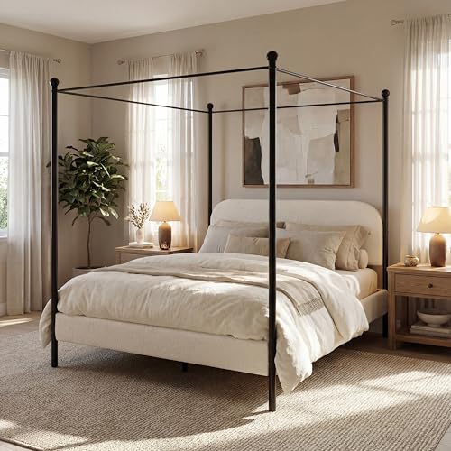 Queen Size Upholstered Canopy Bed Frame with Boucle Fabric, view 5