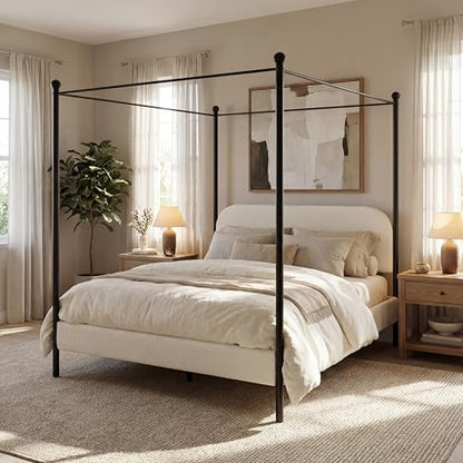 Queen Size Upholstered Canopy Bed Frame with Boucle Fabric, view 5