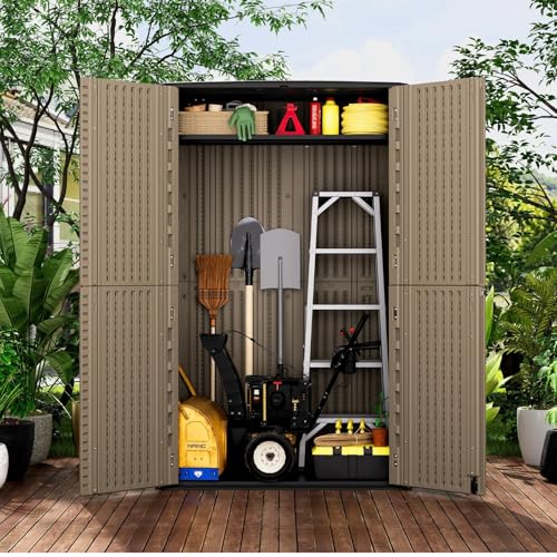 Large 67 Cu.ft Waterproof Storage Shed, Outdoor Storage Cabinet，Durable Resin Sheds for Patio Furniture, Garden Tools, Pool Accessories, Mower Storage (Coffee)