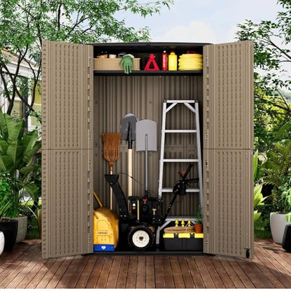 Large 67 Cu.ft Waterproof Storage Shed, Outdoor Storage Cabinet，Durable Resin Sheds for Patio Furniture, Garden Tools, Pool Accessories, Mower Storage (Coffee)