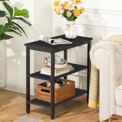 End Table, Simple Rustic Side Table with 3-Tier Storage Shelf, Narrow Nightstand for Small Spaces, Easy Assembly, for Living Room, Bedroom, Metal, Industrial Design, Black BB14BZ01