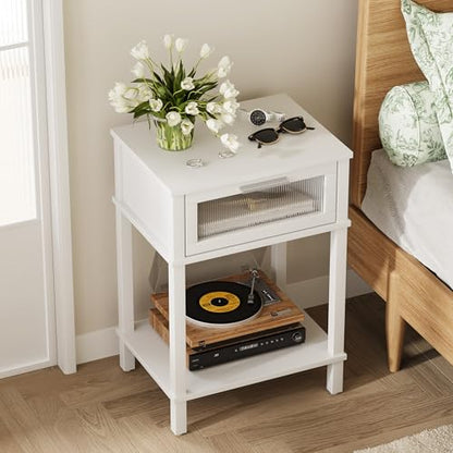 Nightstand Wooden Bedside Table with Drawer White Night Stands Modern Style Small End Table Side Table with Storage Shelf for Bedroom Living Room MLBZ10W