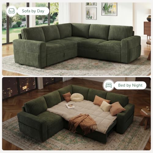 Modular Sectional Sleeper Sofa with Pull Out Bed,Corduroy L Shaped Couch with Storage, Sectional Couches for Living Room,Green