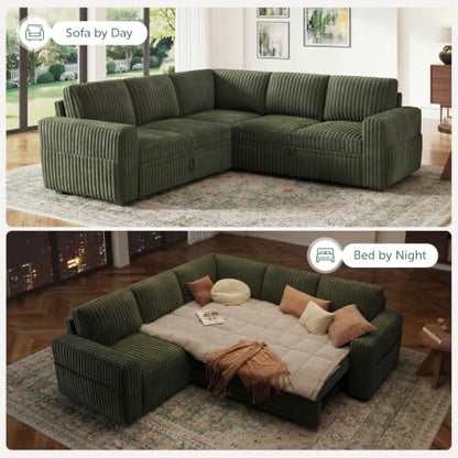 Modular Sectional Sleeper Sofa with Pull Out Bed,Corduroy L Shaped Couch with Storage, Sectional Couches for Living Room,Green