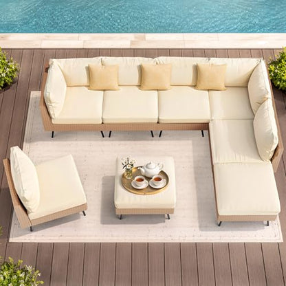 8-Piece Wicker Outdoor Furniture Set, All-Weather Patio Conversation Set with Thick Cushions & 2 Multi-Use Ottomans, Sectional Sofa Patio Furniture Set for Backyard, Porch, Beige