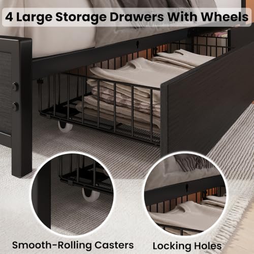 King Size Bed Frame with Storage Headboard and Charging Station, Black, view 8