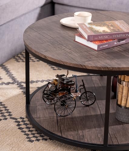 Round Coffee Table, 30" Rustic Coffee Table,Cocktaile Table with 2-Tier Wooden Storage Shelf, Modern Living Room Furniture, Brown