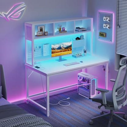 White Gaming Desk with Hutch and Pegboard - Computer Desk with Hutch, Power Outlet, 47 Inch Art Desk with Storage, Hooks, RGB and Side Bag, Writing Modern Study Teen Desks for Girl Bedroom Home Office
