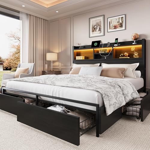 King Size Bed Frame with 6 Storage Drawers and Headboard Wooden Platform Bed, view 2