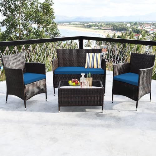 4-Piece Rattan Patio Set, Outdoor/Indoor Wicker Conversation Set for Pool, Backyard, Lawn, Wicker Chairs and Sofa with Soft Cushion, Rattan Furniture with Tempered Glass Coffee Table