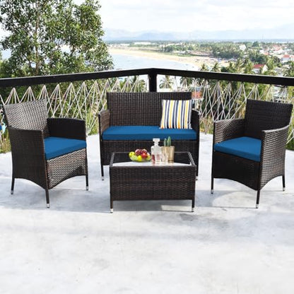 4-Piece Rattan Patio Set, Outdoor/Indoor Wicker Conversation Set for Pool, Backyard, Lawn, Wicker Chairs and Sofa with Soft Cushion, Rattan Furniture with Tempered Glass Coffee Table