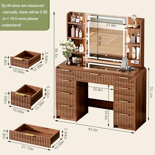43" Makeup Vanity Desk with Mirror and Lights&Power Outl, view 3