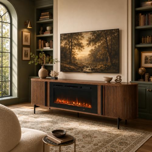 Luxury Fluted TV Stand with Fireplace, 70 inch, Brown, view 5