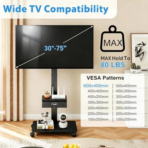 Rolling TV Stand With Drawer, TV Stand Cart On Wheels For 30-75 Inch TVs, view 4