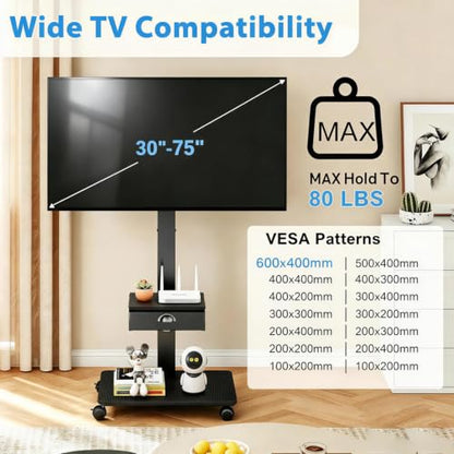 Rolling TV Stand With Drawer, TV Stand Cart On Wheels For 30-75 Inch TVs, view 4