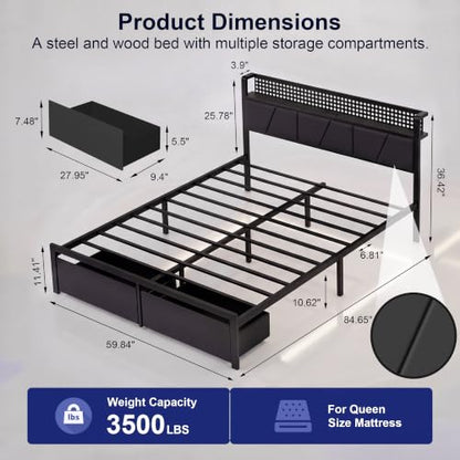 Queen Bed Frame with 2 Drawers, Platform Bed with LED Lights & Charging Station, view 3