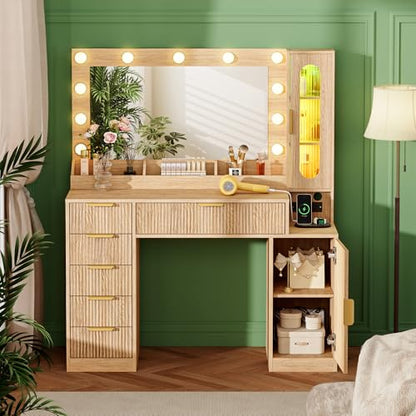 Fluted Makeup Vanity Desk with Large 31.4" Mirror and Sound Sync RGB Lights, view 4