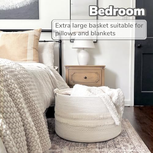 Large Blanket Basket Living Room, Laundry Basket With Tassel, 90L | Storage Basket for Toys, Clothes & Pillows Storage，Cotton Rope, Laundry Hamper With Handles,Fits Bedroom Nursery Décor, White