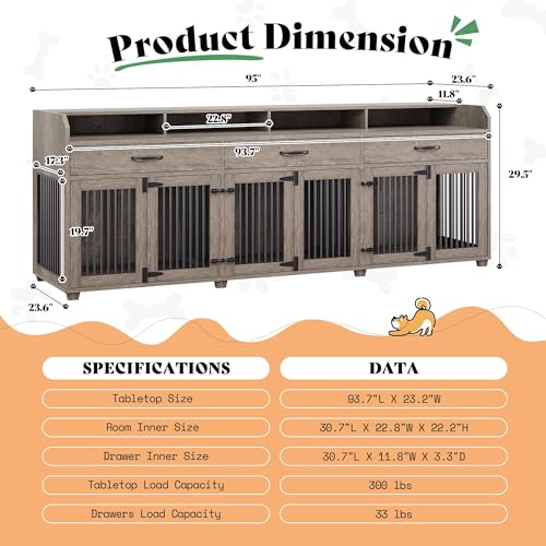 95" Dog Crate Furniture, Multi-Functional TV Stand with Storage, view 3