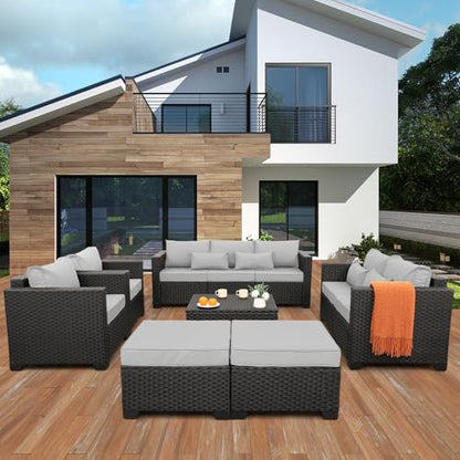 Patio Furniture Sets 7 Pieces Outdoor Furniture Sectional Patio Couches Set with Storage Table Light Grey Cushions