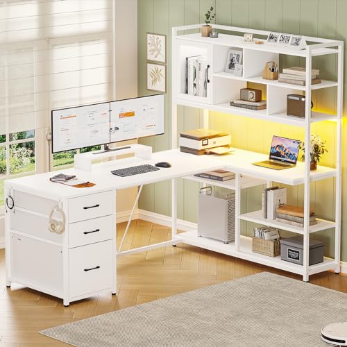 58'' L Shaped Computer Office Desk with 3 Drawers and Bookshelf, view 2