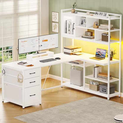 58'' L Shaped Computer Office Desk with 3 Drawers and Bookshelf, view 2
