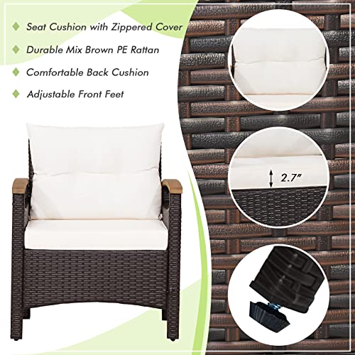 3-Piece Patio Furniture Set, Patiojoy Outdoor Rattan Sofa Set with Coffee Table, Patio Conversation Set with Removable Cushion, Cozy Acacia Wood Armrests for Backyard, Poolside (Off White)