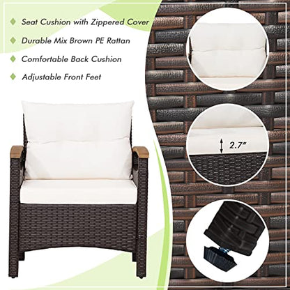 3-Piece Patio Furniture Set, Patiojoy Outdoor Rattan Sofa Set with Coffee Table, Patio Conversation Set with Removable Cushion, Cozy Acacia Wood Armrests for Backyard, Poolside (Off White)