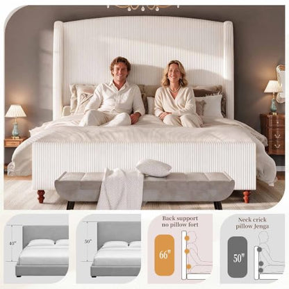 Queen Size Upholstered Platform Bed Frame with 66" Tall Headboard, Cream, view 6