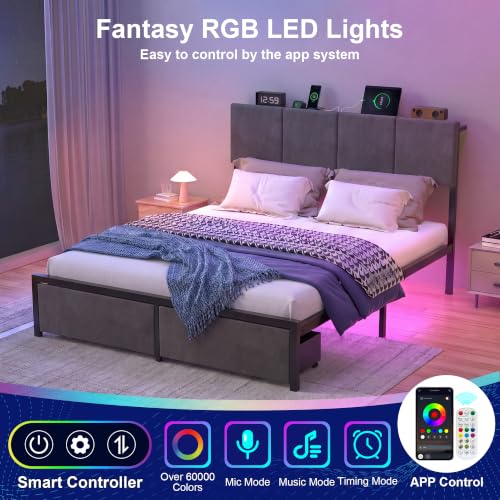 Queen Bed Frame with Charging Station and LED Lights, view 5