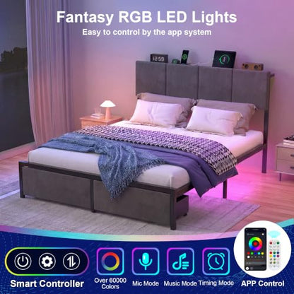 Queen Bed Frame with Charging Station and LED Lights, view 5
