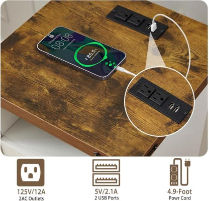 White Farmhouse End Table with Charge Set of 2, Rustic Nightstand with Barn Door and Shelf, Bedside Table with Charging Station for Living Room, Bedroom