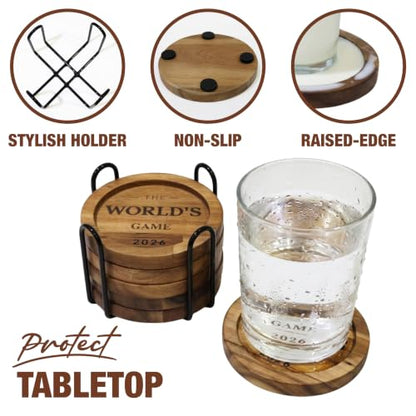 Acacia Wood Coasters Set of 6 with Metal Holder, Laser Engraved The World's Game 2026 Design, Absorbent Wooden Drink Coasters, 3.9" Round, Housewarming Gift