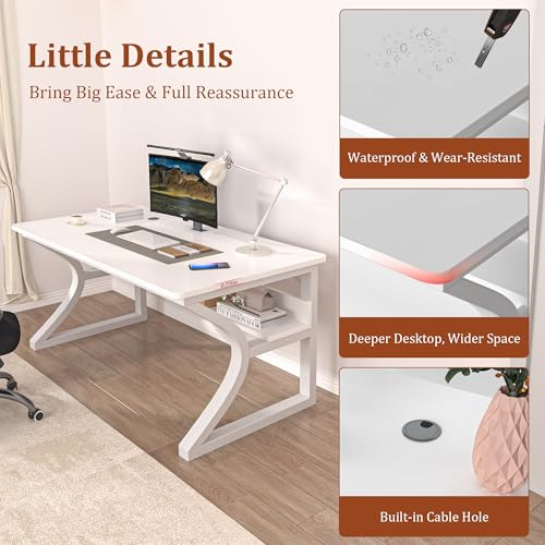 Computer Desk, 55x24 in Computer Desk, Office Desk w/Storage & U-Size Metal Frame for Home Office Bedroom Gaming, Office Desk w/Water-Resistant, Scratchproof Surface, White
