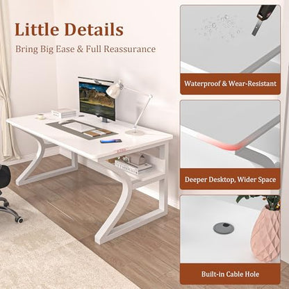 Computer Desk, 55x24 in Computer Desk, Office Desk w/Storage & U-Size Metal Frame for Home Office Bedroom Gaming, Office Desk w/Water-Resistant, Scratchproof Surface, White