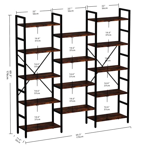 Bookcases and Bookshelves Triple Wide 5 Tiers Industrial Bookshelf, Large Etagere Bookshelf Open Display Shelves with Metal Frame for Living Room Bedroom Home Office