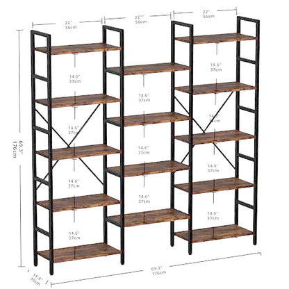 Bookcases and Bookshelves Triple Wide 5 Tiers Industrial Bookshelf, Large Etagere Bookshelf Open Display Shelves with Metal Frame for Living Room Bedroom Home Office
