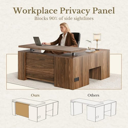 63 Inches L Shaped Standing Desk, Executive Electric Adjustable Desk with Storage Drawers and File Cabinet, AC/USB, 1.18" Thiken Desktop and Privacy Panel for Home Office, Black Walnut