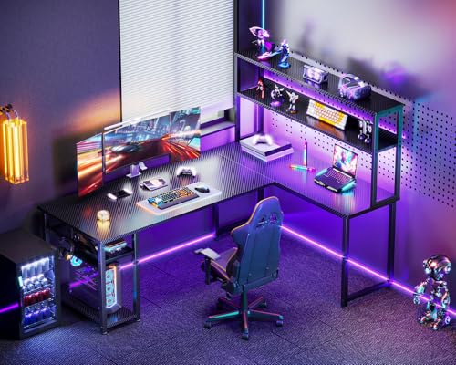 61" L Shaped Gaming Desk with Hutch & Headphone Hook, Corner Computer Table with Storage Shelves for Home Office, Black