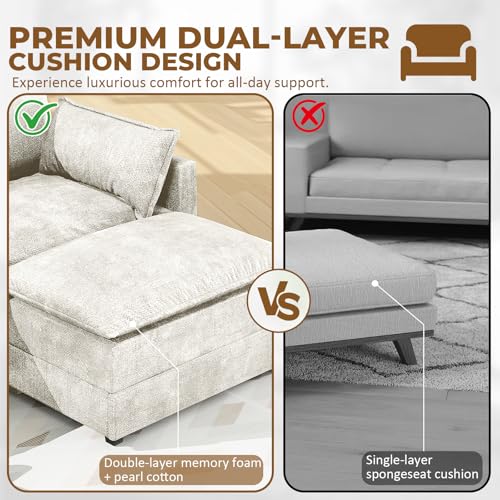 147" U-Shape Modular Sofa with 2 Ottomans, Deep Seat Cloud Convertible Sleeper, 2 Arm Pillows, Comfortable Large Upholstered Furniture for Living Room Apartment, Beige