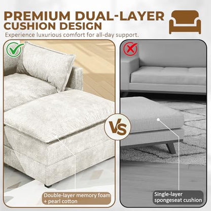 147" U-Shape Modular Sofa with 2 Ottomans, Deep Seat Cloud Convertible Sleeper, 2 Arm Pillows, Comfortable Large Upholstered Furniture for Living Room Apartment, Beige