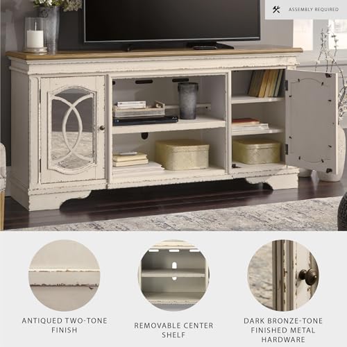 Signature Design by Ashley Realyn 74" Farmhouse TV Stand with Fireplace Option, White Entertainment Center for TVs up to 85", Antiqued Chipped White, Wood, Veneer and Engineered Wood
