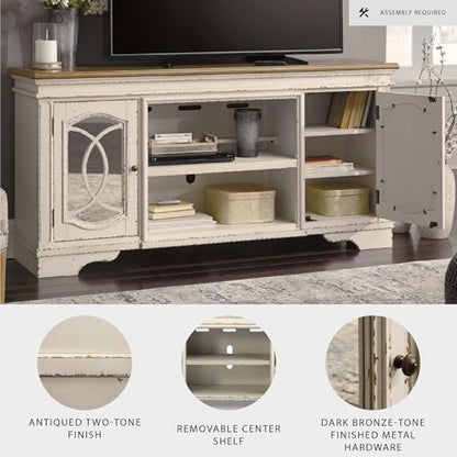 Signature Design by Ashley Realyn 74" Farmhouse TV Stand with Fireplace Option, White Entertainment Center for TVs up to 85", Antiqued Chipped White, Wood, Veneer and Engineered Wood