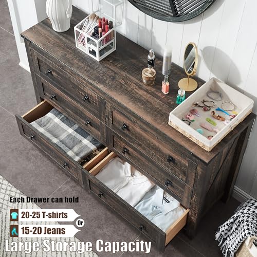 54" Wide Farmhouse 6-Drawer Dresser for Bedroom, Dark Rustic Oak | Rustic, Wood Storage Cabinet, Metal Handle, Unique Corner Accent, Bedroom, Living Room, Hallway