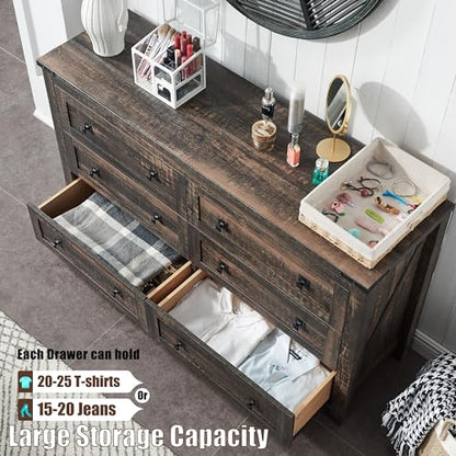54" Wide Farmhouse 6-Drawer Dresser for Bedroom, Dark Rustic Oak | Rustic, Wood Storage Cabinet, Metal Handle, Unique Corner Accent, Bedroom, Living Room, Hallway