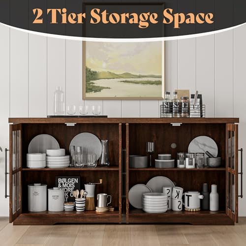 Farmhouse 63" Buffet Sideboard Cabinet with Glass Door, Brown, view 7