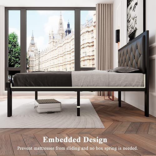 Full Size Metal Bed Frame with Faux Leather Button Tufted Headboard, view 7
