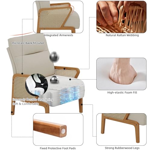 Upholstered Living Room Chairs Accent Chair Armchair, Natural Rattan Modern Slipper Club Chair Guest Reception Couch Comfy Single Sofa for Reading Bedroom-Ivory